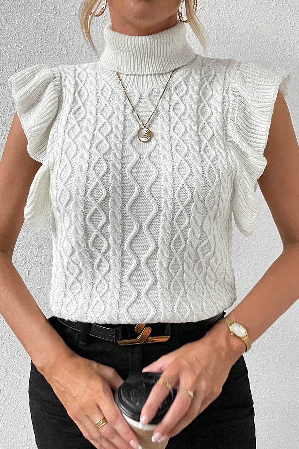 Elegant White Cable Knit Ruffle Sleeve Turtleneck Sweater