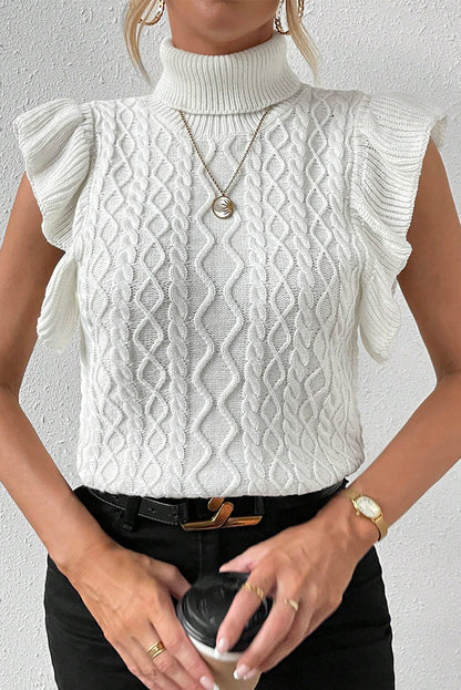Elegant White Cable Knit Ruffle Sleeve Turtleneck Sweater