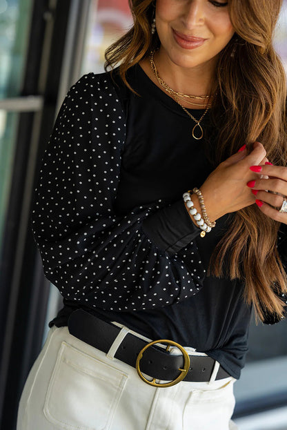 Black Polka Dot Chiffon Long Sleeve Patchwork Round Neck Blouse