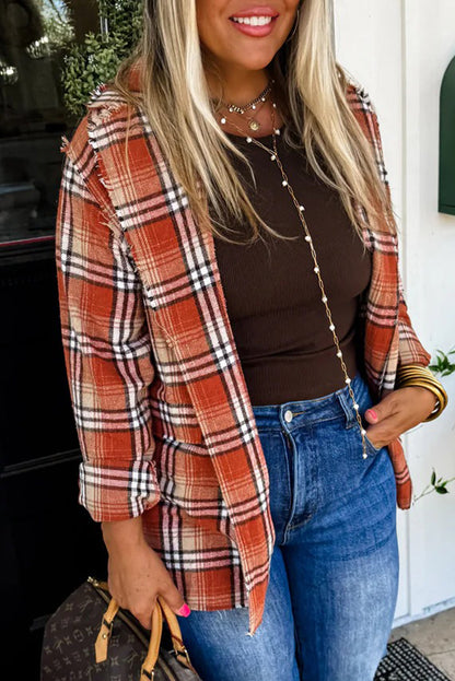 Orange Raw Edge Plaid Open Front Shacket