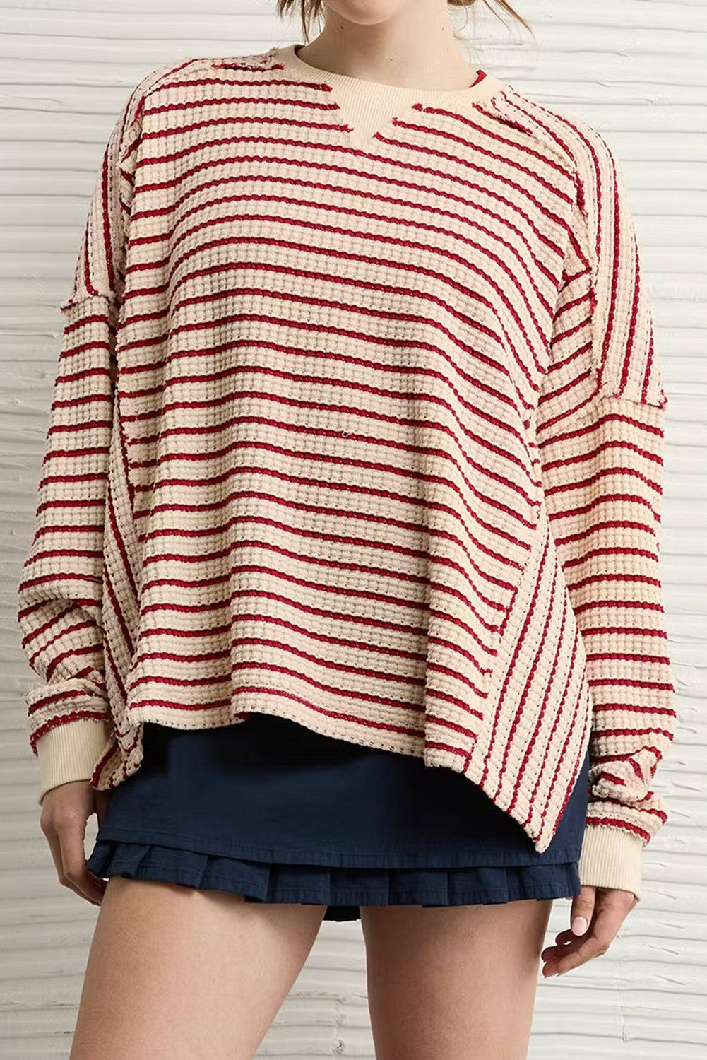 Red Stripe Ribbed Patchwork Drop Shoulder Side Slit Oversize Sweatshirt
