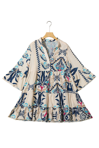 Floral Print Fringed V-neck Mini Dress