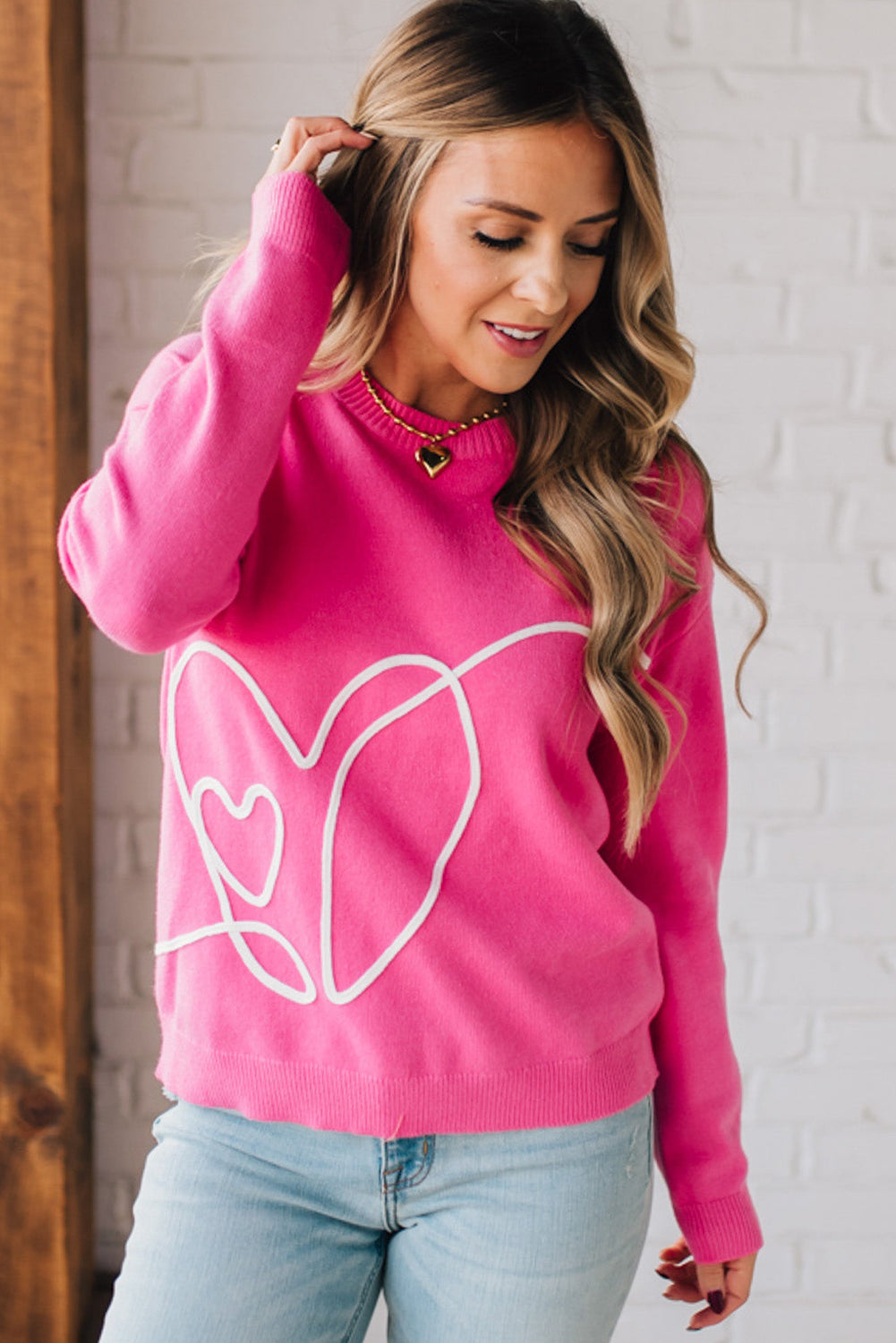 Heart Embroidered Ribbed Edge Crew Neck Sweater