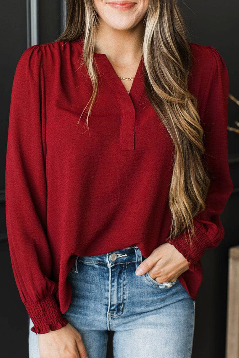 Burgundy Notched Neck Shirred Cuff Long Sleeve Blouse