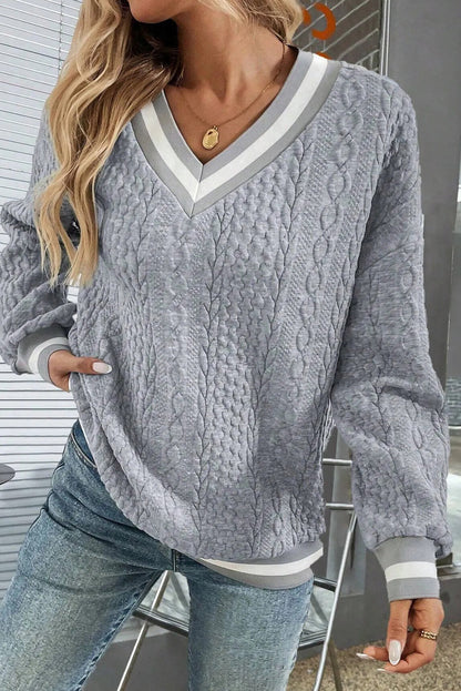 Gray Cable Textured Contrast Striped V Neck Drop Shoulder Sweatshirt