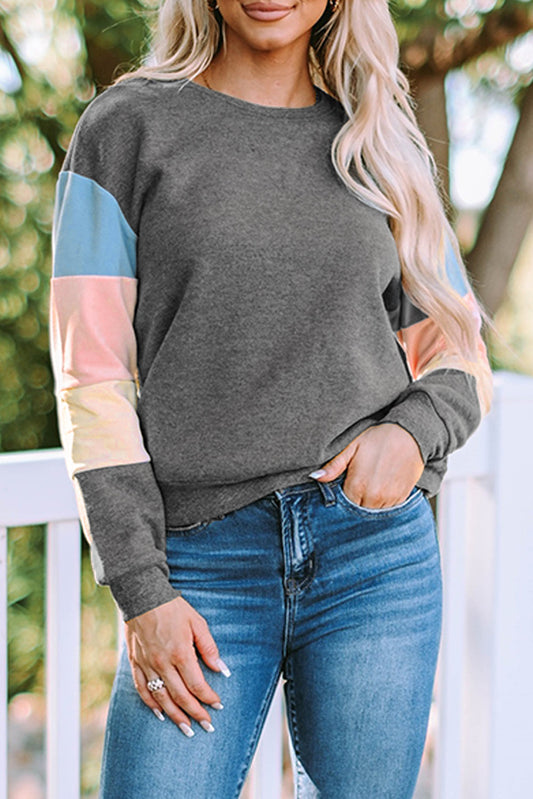 Gray Colorblock Pullover Sweater with Long Sleeves