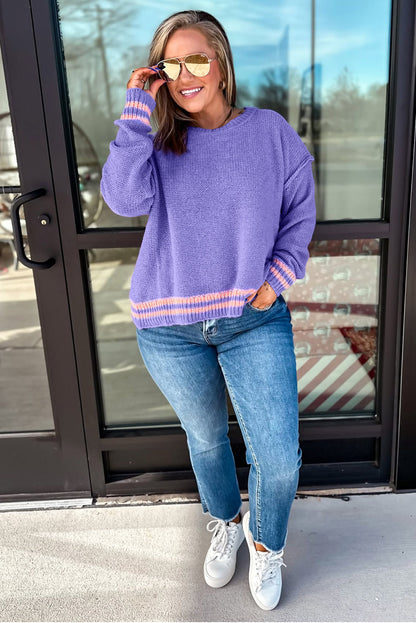 Wisteria Plus Size Striped Trim Drop Shoulder Knit Loose Sweater