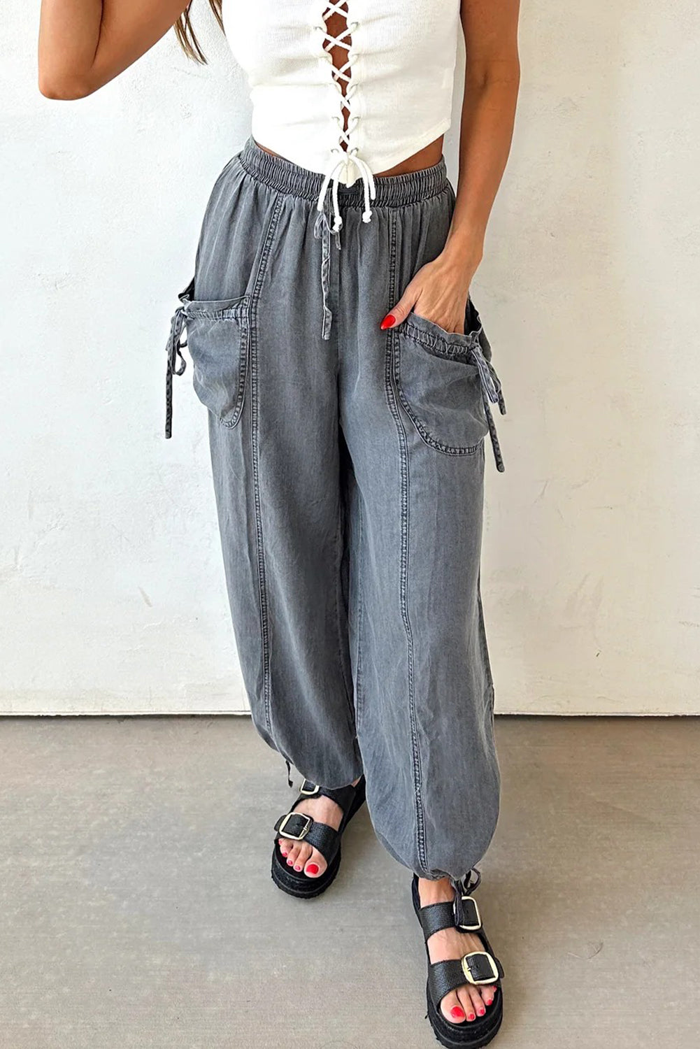 Medium Grey Drawstring Elastic Waist Pocketed Knot Hem Denim Joggers