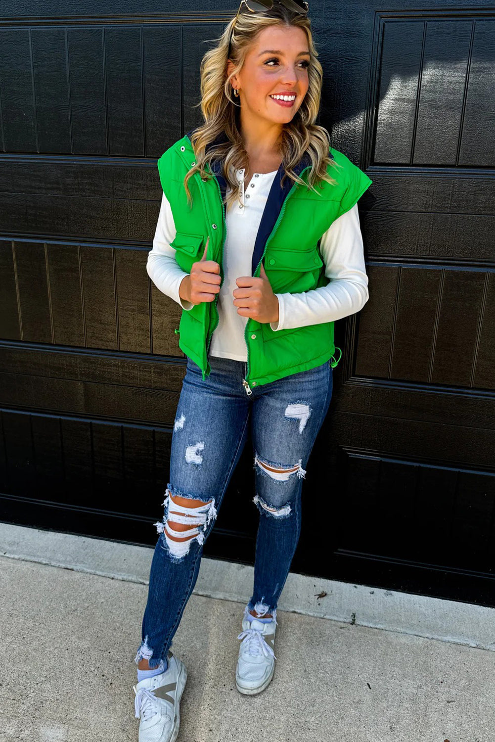 Green Color Block Liner Patchwork Snap Button Zip Up Winter Vest