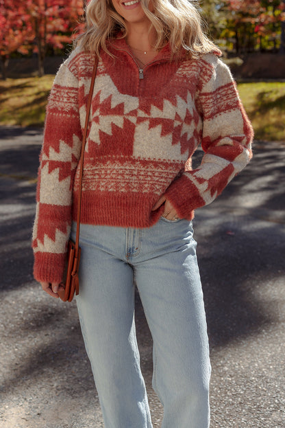 Mineral Red Western Geometric Pattern Zipped Collar Fuzzy Sweater