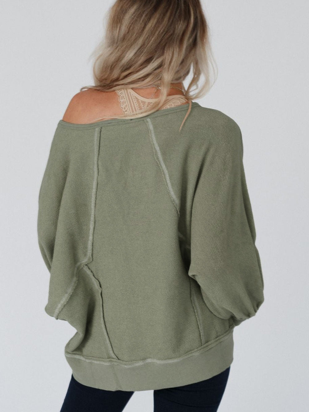 Green Exposed Stitch Detail Dolman Sleeve Patchwork Blouse