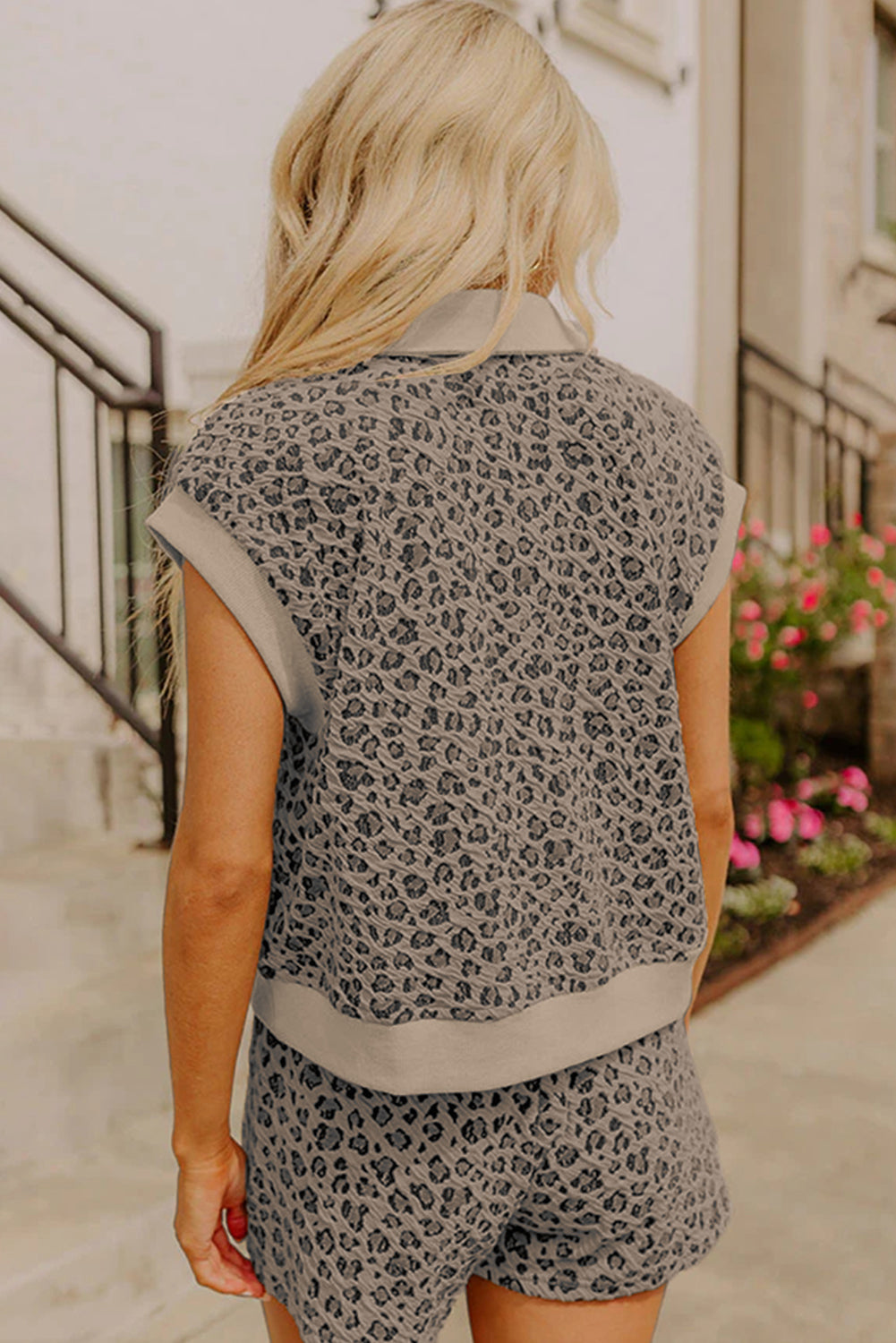 Khaki Ribbed Leopard Patchwork Half Zip Polo Tee Drawstring Shorts Set