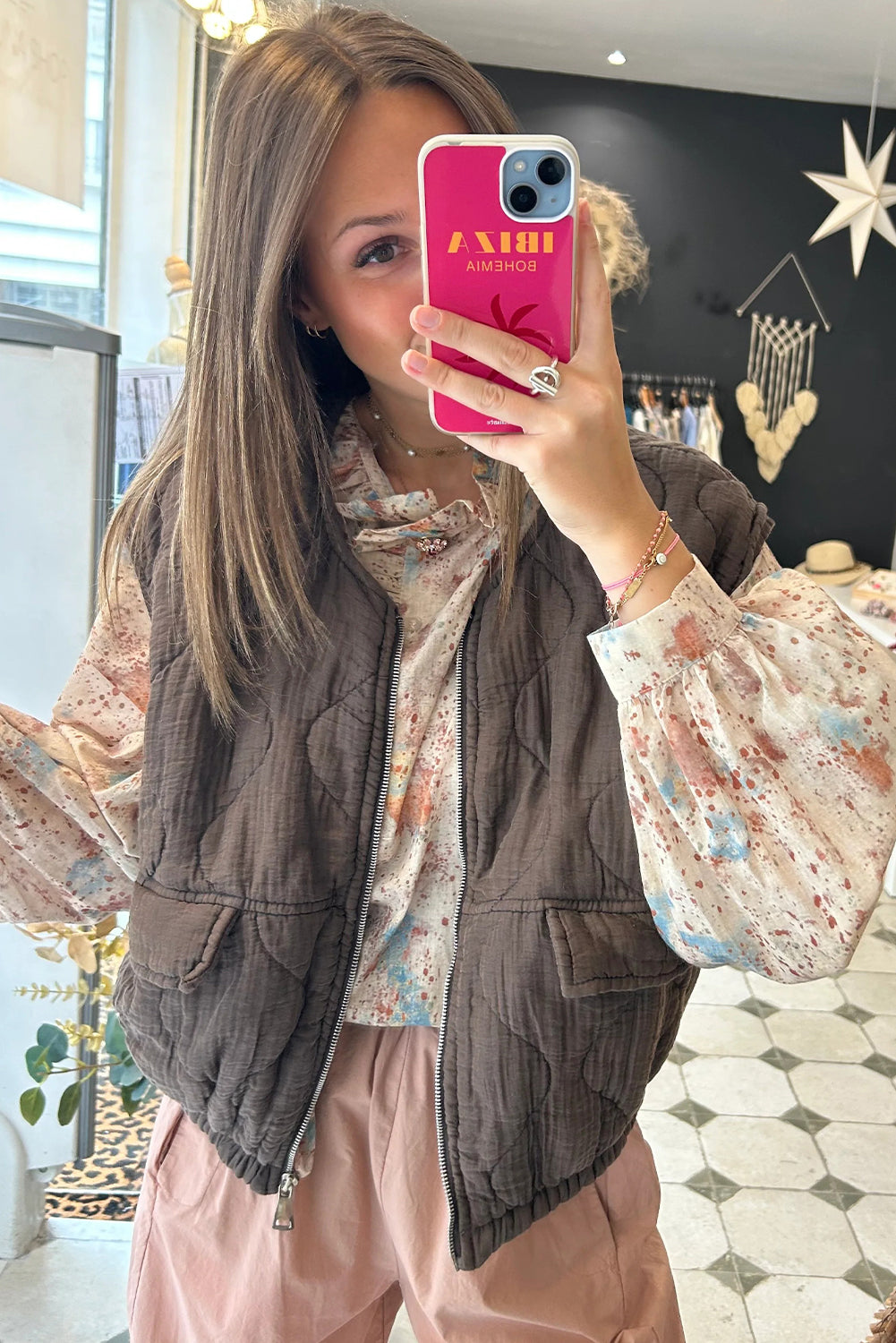 Chicory Coffee Playful Quilted Zip Up Elastic Hem Vest