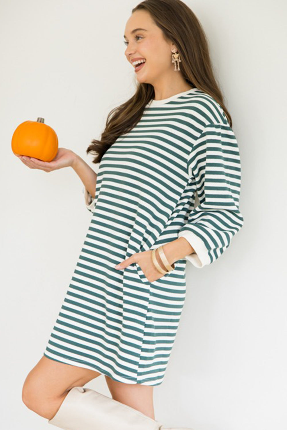Green Stripe Puffy Bracelet Sleeve Shift Mini T Shirt Dress