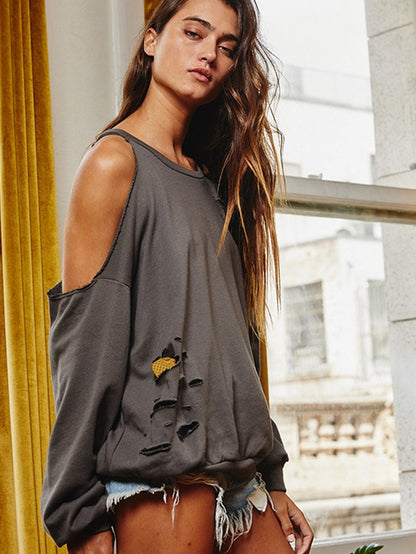 Grey Asymmetric Distressed Cold Shoulder Sweater
