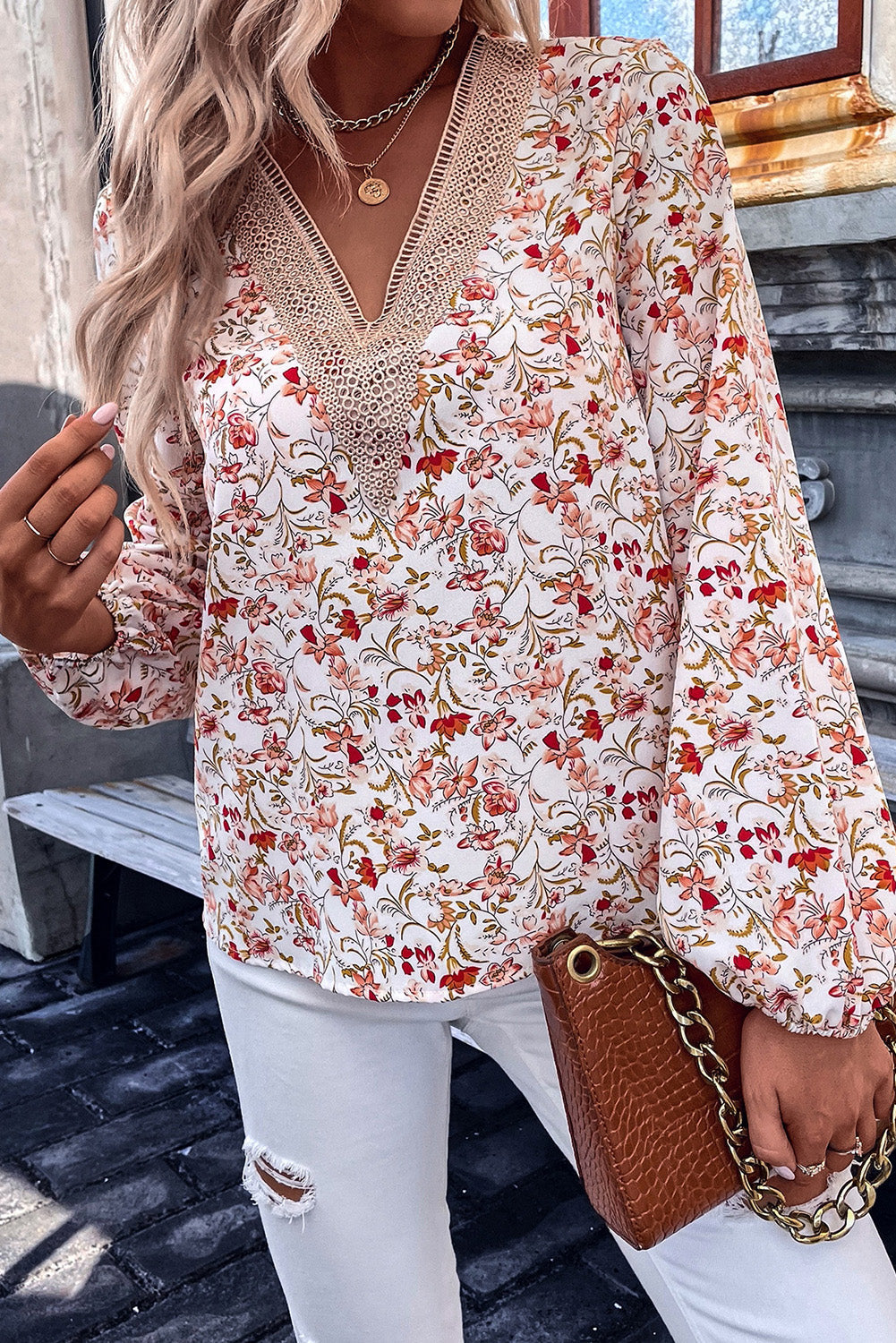 Elegant White Lace V-Neck Blouse with Floral Pattern