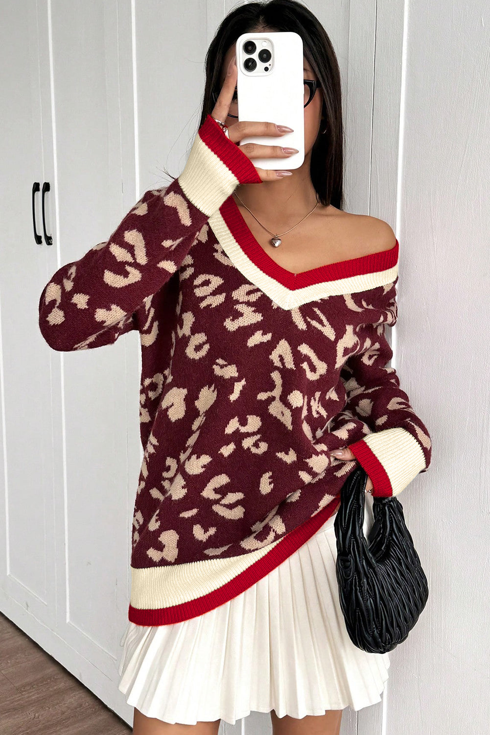Red Leopard Pattern Knit Contrast Striped Trim V Neck Sweater