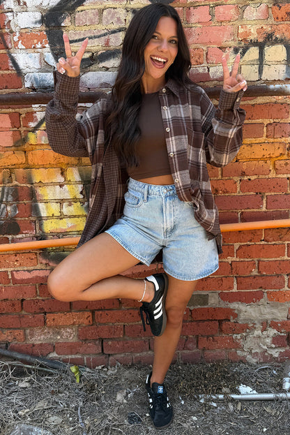 Brown Retro Plaid Patchwork Oversize Shirt