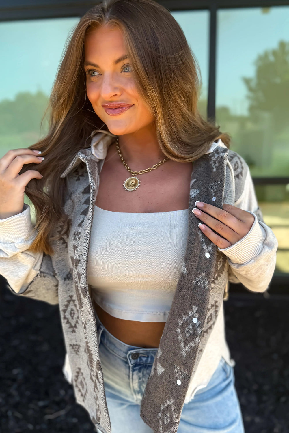 Gray Western Aztec Print Color Block Patchwork Drawstring Hooded Shacket