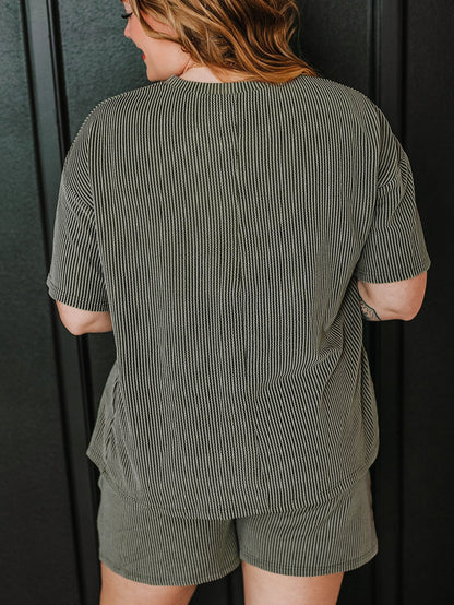 Moss Green Plus Size Rib Knit Short Sleeve Top and Shorts Set