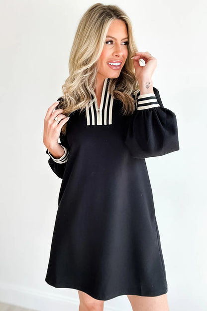Black Striped Patchwork Zip Neck Long Sleeve Shift Mini Dress