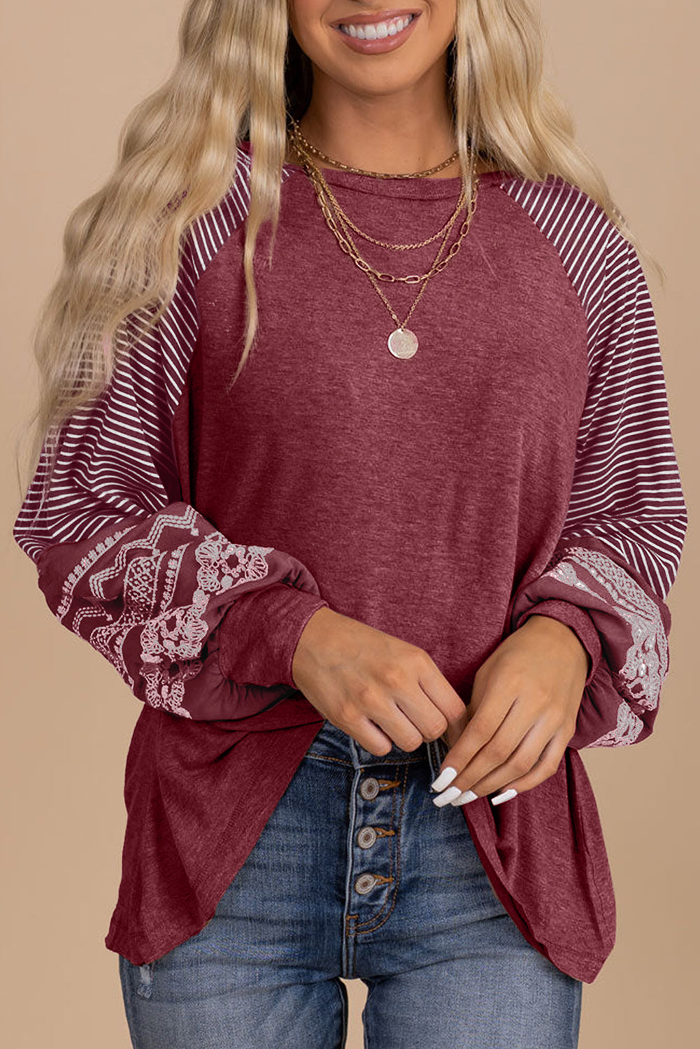 Burgundy Contrast Print Striped Raglan Long Sleeve Loose Top