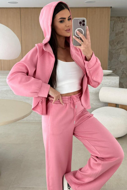 Pink Solid Color Zip Up Hoodie Drawstring Loose Pants Set