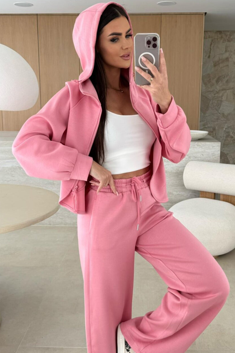 Pink Solid Color Zip Up Hoodie Drawstring Loose Pants Set