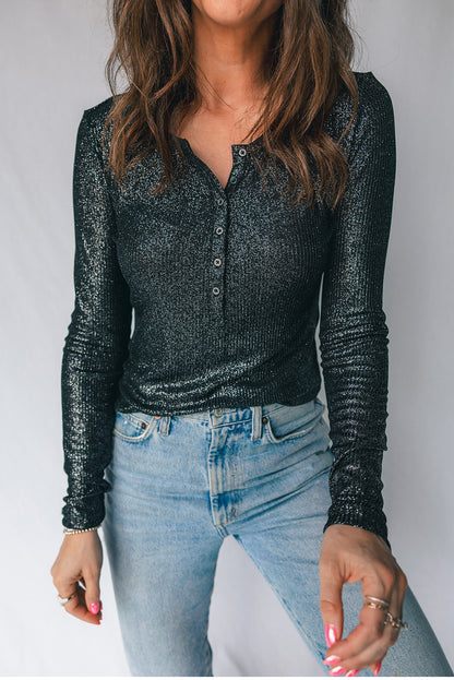 Black Metallic Knit Half Button Long Sleeve Slim Top