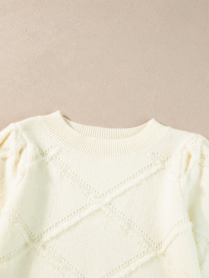 Elegant White Rhombus Pattern Ribbed Trim Short Sleeve Knit Top