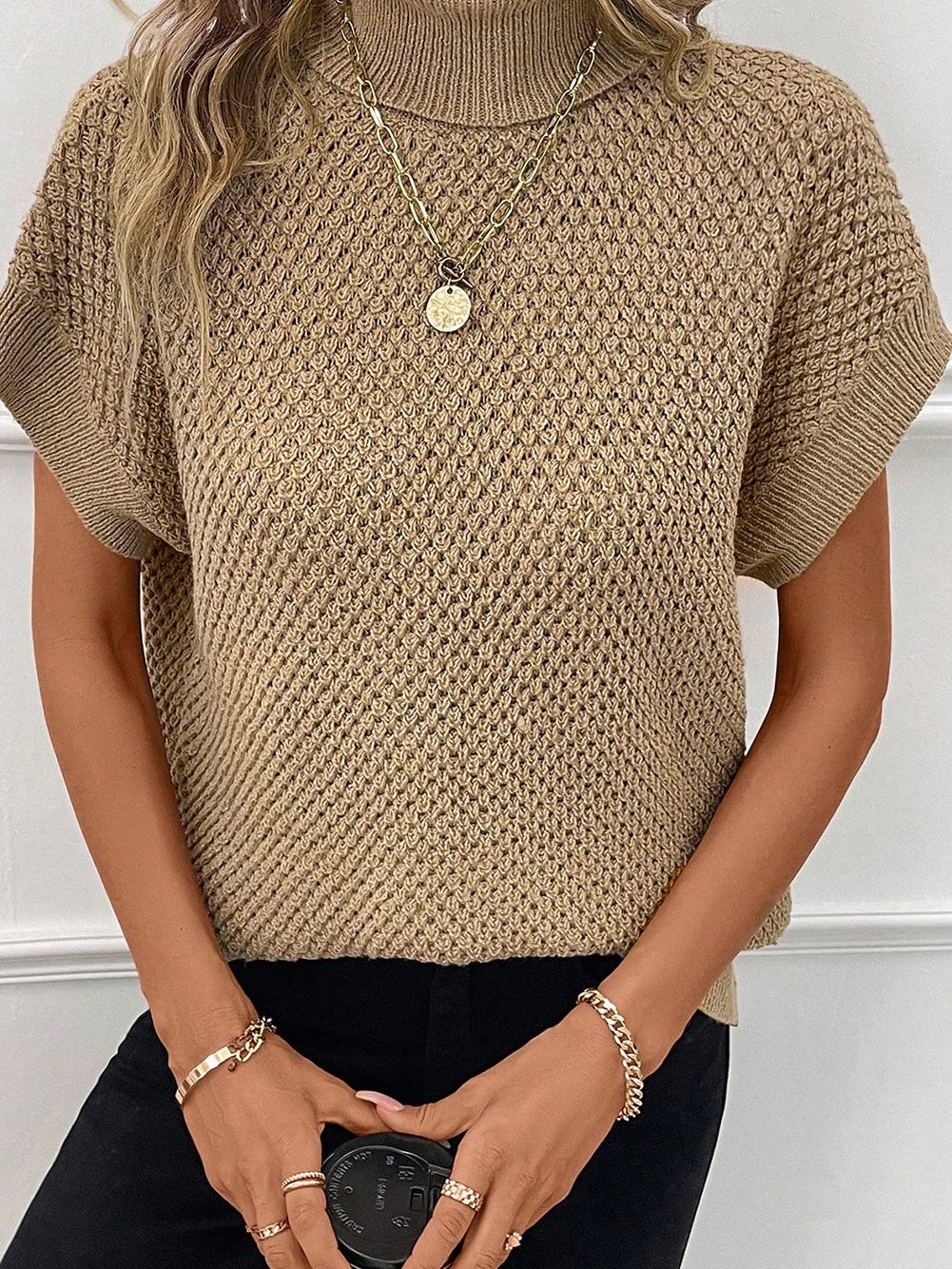 Elegant Pale Khaki Turtleneck Textured Short Sleeve Jumper