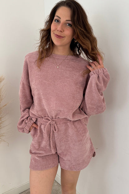 Fushia Solid Color Textured Knit Drop Shoulder Pullover Drawstring Shorts Set