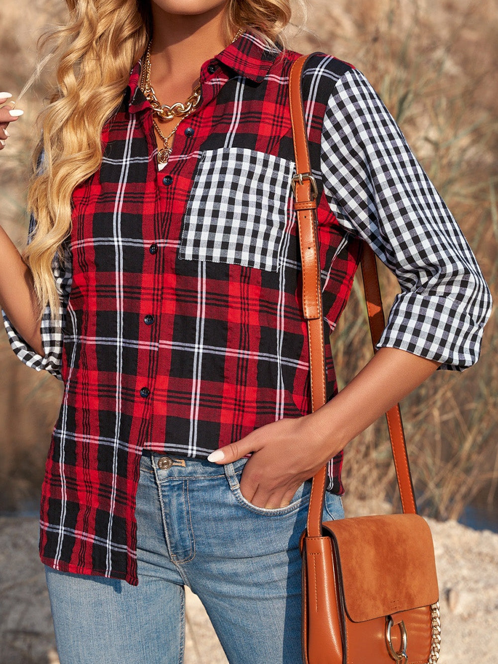 Fiery Red Buffalo Plaid Long Sleeve Shirt with Colorful Pockets