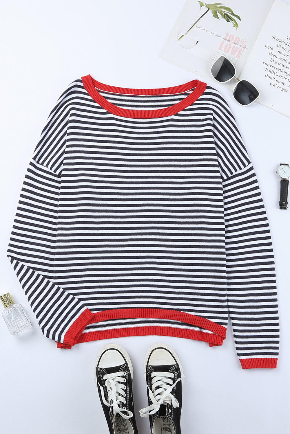 Stripe Striped Contrast Trimmed Drop Shoulder Sweater
