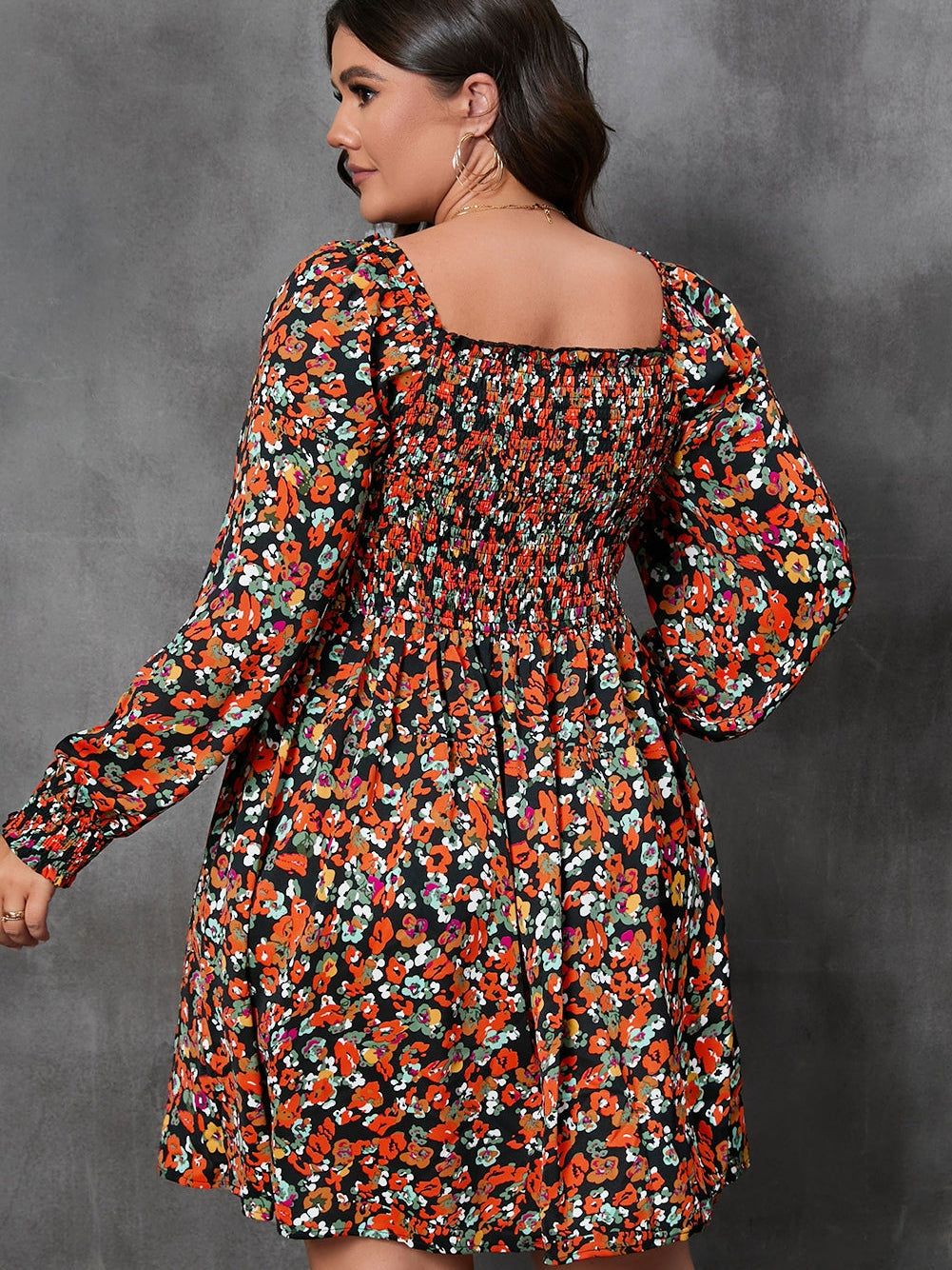 Multicolored Smocked Floral A-Line Dress with Long Sleeves