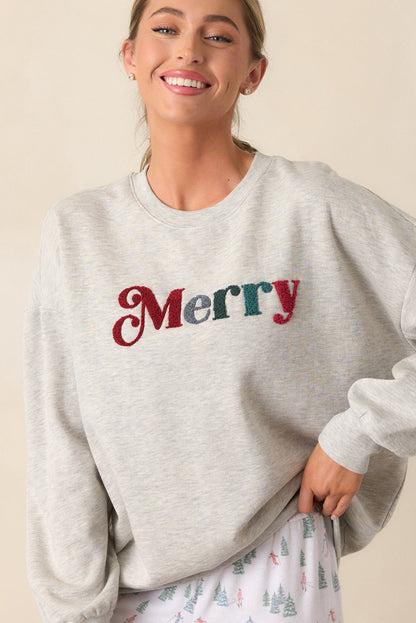 Light Grey Merry Chenille Letter Patched Drop Shoulder Sweatshirt