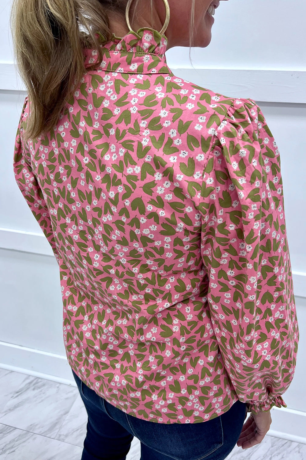Pink Floral Print Frilled Collar Ruffled Long Sleeve Blouse