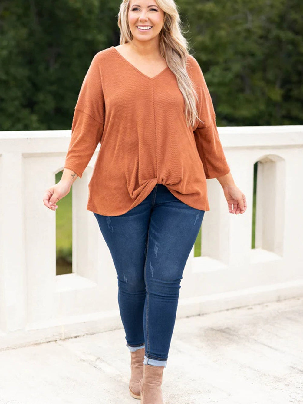 Gold Flame Plus Size Twist Hem Bracelet Sleeve Ribbed Top