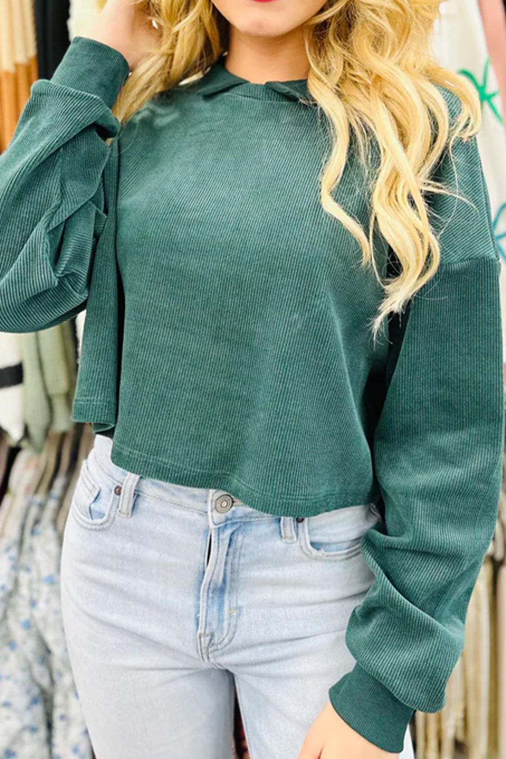 Skobeloff Solid Color Collared Ribbed Cropped Drop Shoulder Top