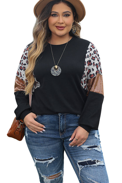 Leopard Print Sequin Embellished Plus Size Top with Long Sleeves
