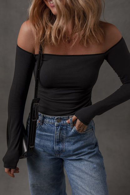 Black Solid Color Off-the-shoulder Long Sleeve T Shirt