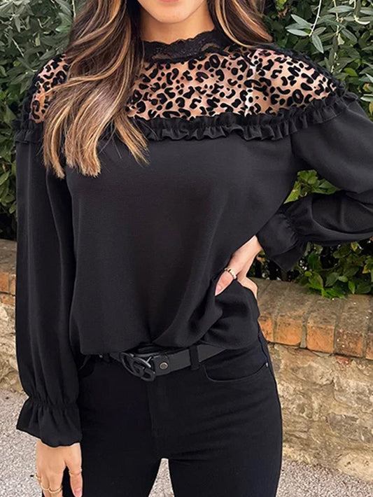 Leopard Mesh Ruffle Sleeve Black Blouse