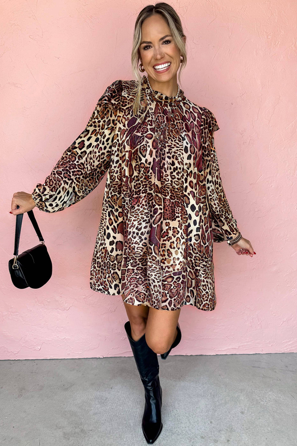 Brown Leopard Ruffled Detail Long Sleeve Loose Mini Dress