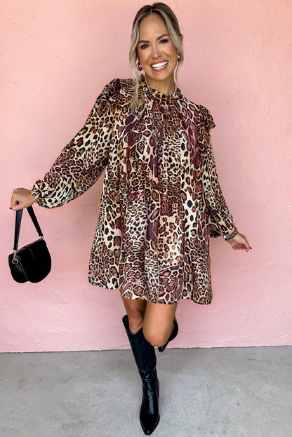 Brown Leopard Ruffled Detail Long Sleeve Loose Mini Dress