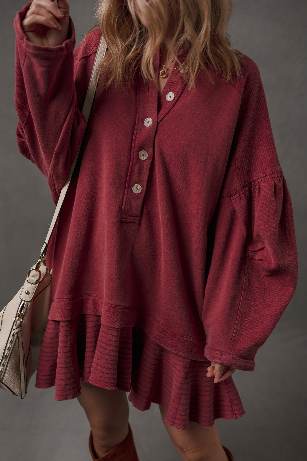 Burgundy Ruffle Hem Patchwork Half Button Long Sleeve Loose Tunic Dress