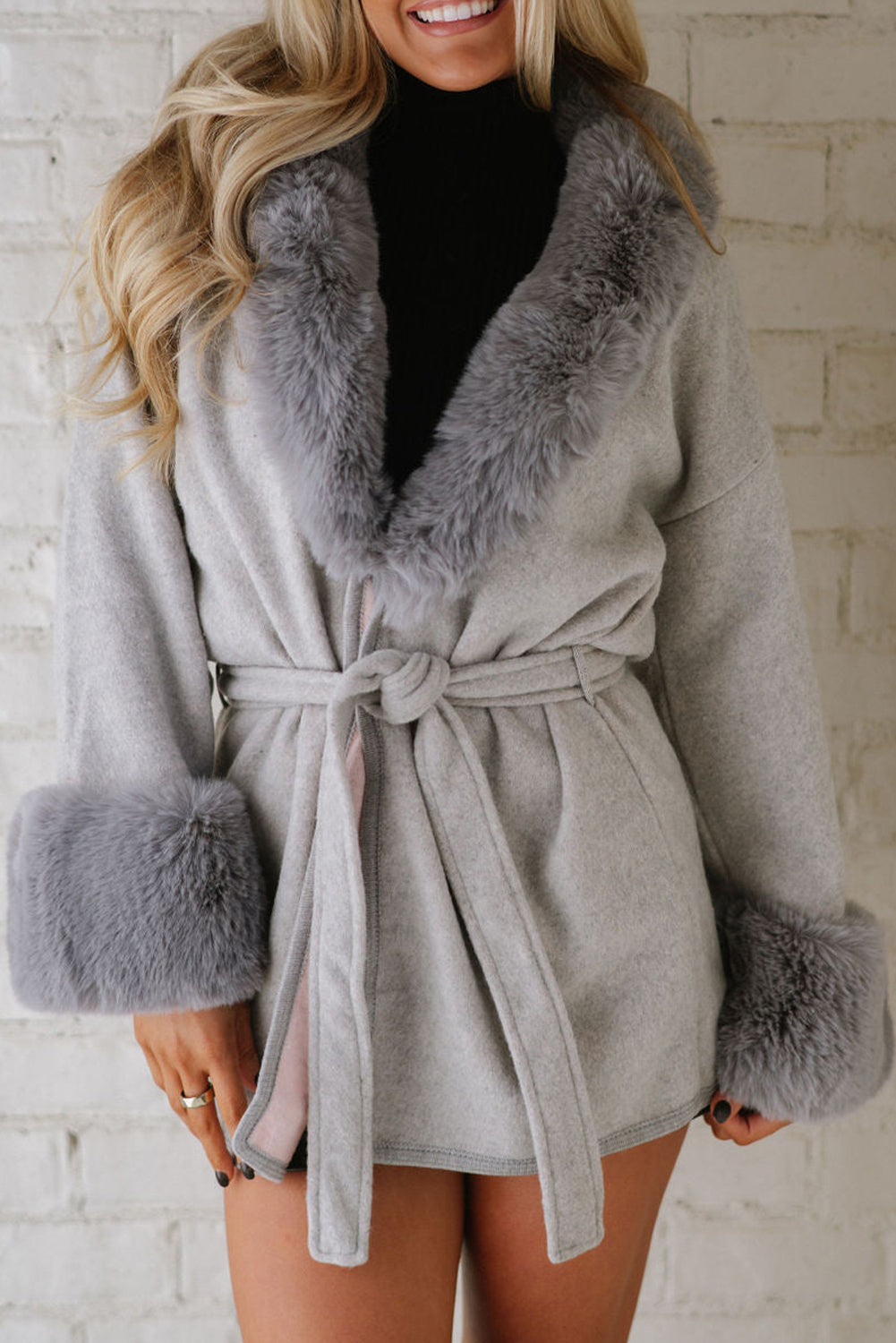 Light Grey Plus Collar Cuff Patchwork Open Front Belted Overcoat