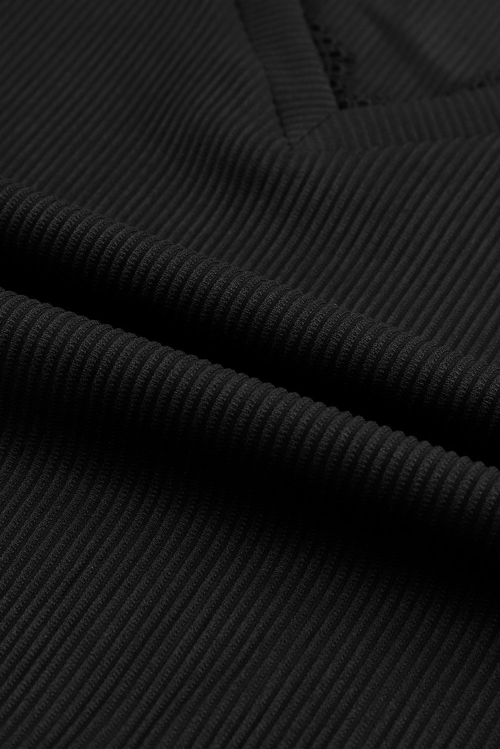 Elegant Black V Neck Lace Trim Ribbed Top with Long Sleeves