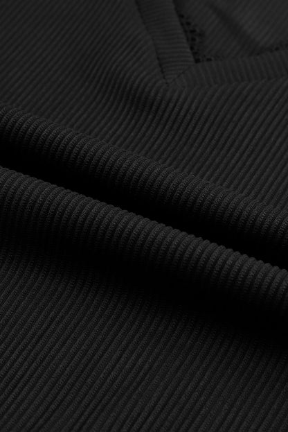 Elegant Black V Neck Lace Trim Ribbed Top with Long Sleeves