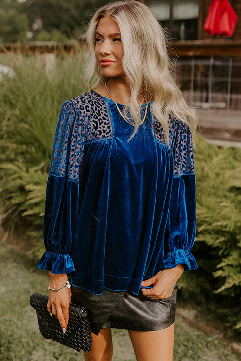 Sky Blue Leopard Patchwork Shoulder Flounce Sleeve Velvet Blouse