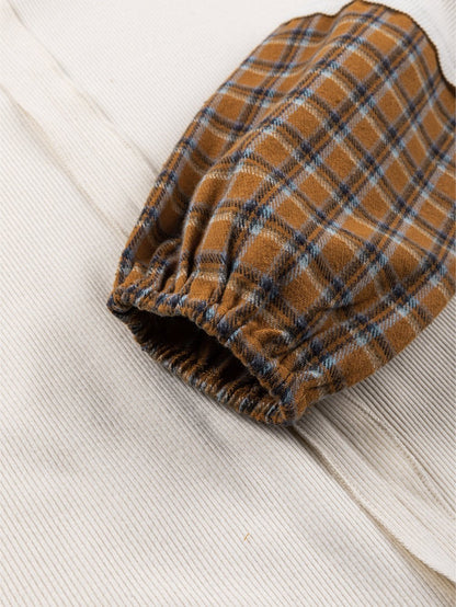 Gray Tartan Patchwork Distressed Long Sleeve Blouse